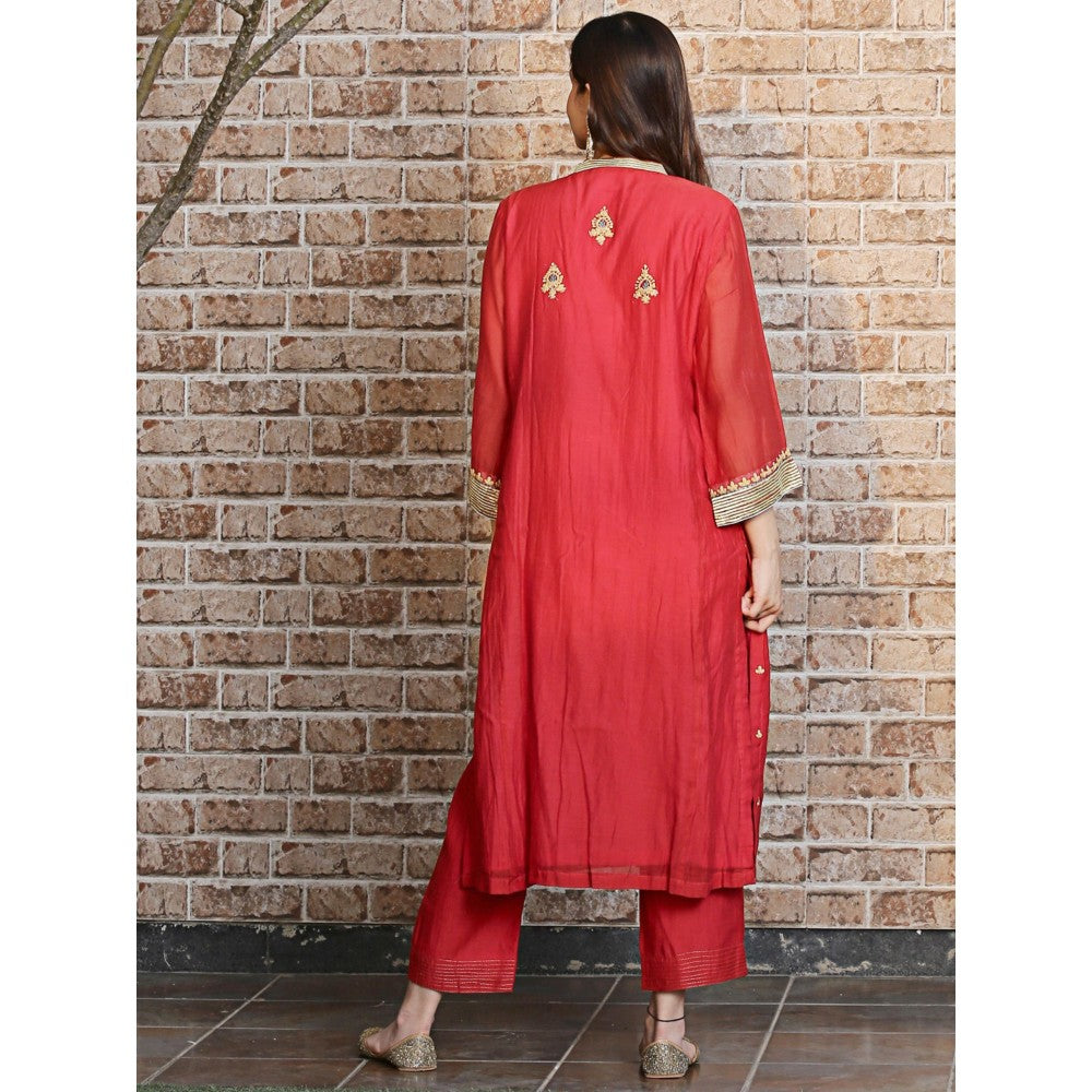 Spring Soul Red Chanderi A-Line Kurta and Pant with Dupatta (Set of 3)