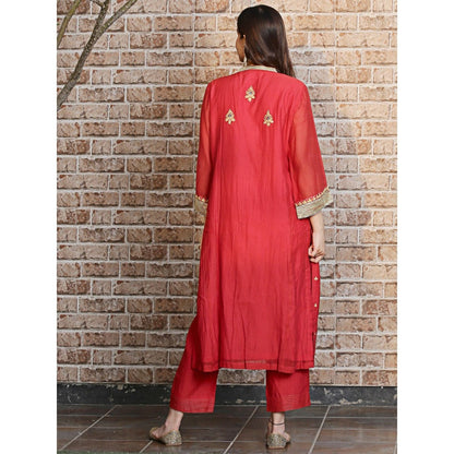 Spring Soul Red Chanderi A-Line Kurta and Pant with Dupatta (Set of 3)