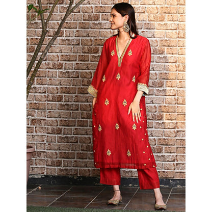 Spring Soul Red Chanderi A-Line Kurta and Pant with Dupatta (Set of 3)