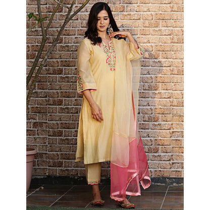 Spring Soul Yellow Embroidered Kurta and Pant with Dupatta (Set of 3)
