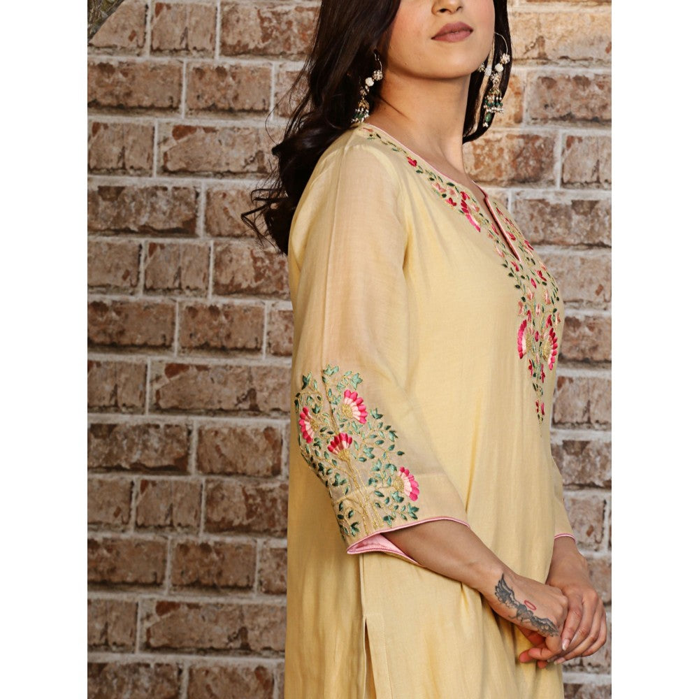 Spring Soul Yellow Embroidered Kurta and Pant with Dupatta (Set of 3)