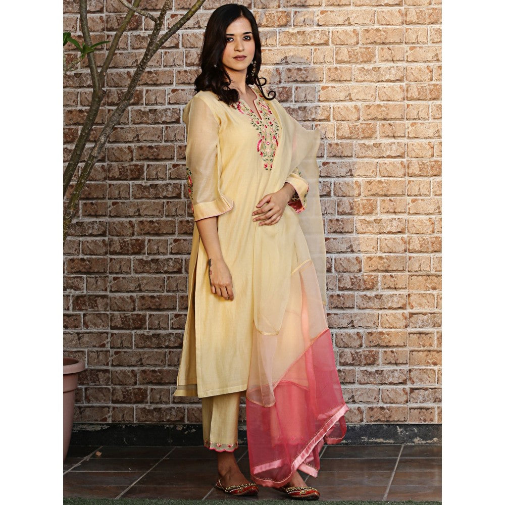 Spring Soul Yellow Embroidered Kurta and Pant with Dupatta (Set of 3)