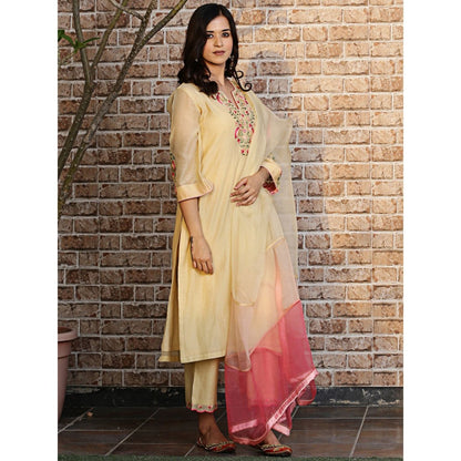 Spring Soul Yellow Embroidered Kurta and Pant with Dupatta (Set of 3)