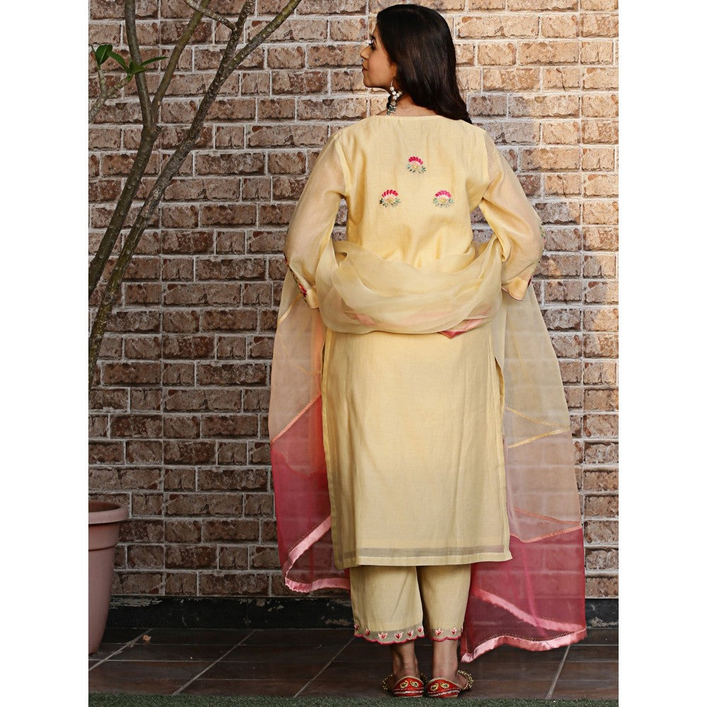 Spring Soul Yellow Embroidered Kurta and Pant with Dupatta (Set of 3)