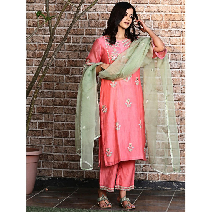 Spring Soul Coral Embroidered Kurta and Pant with Dupatta (Set of 3)