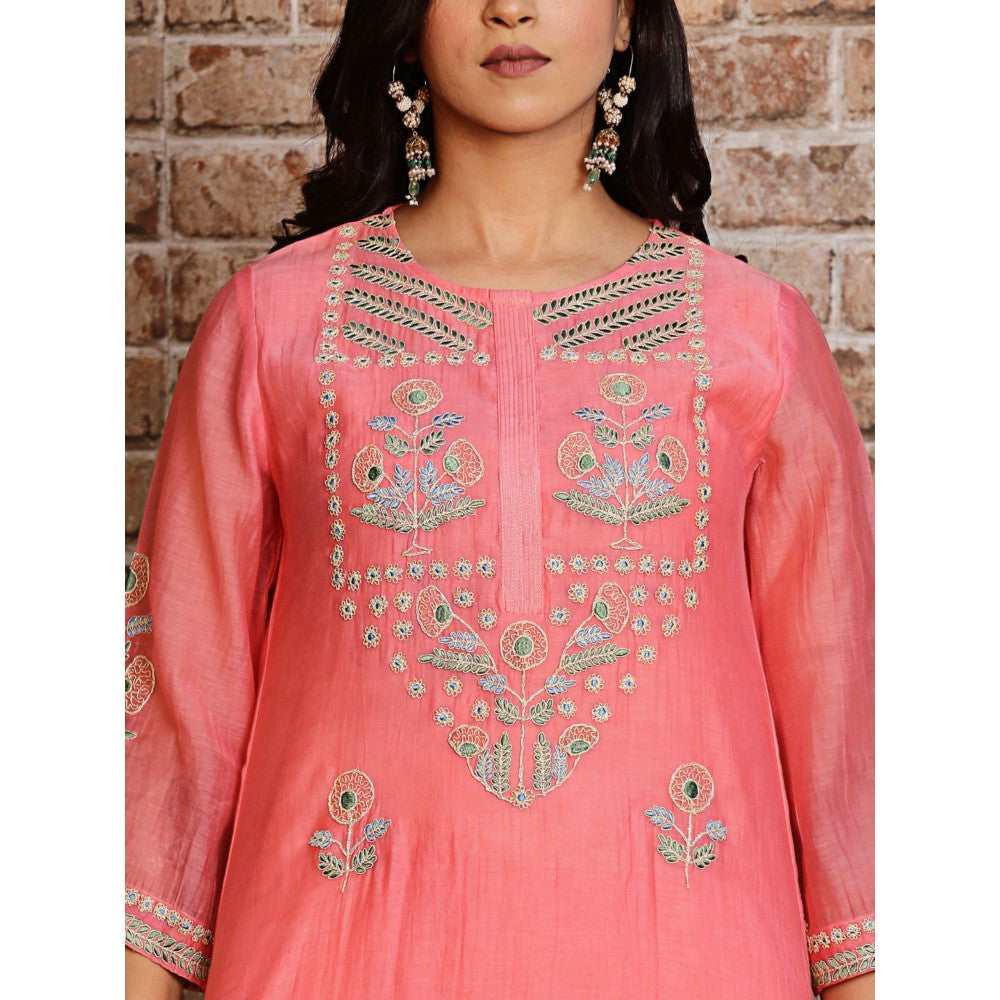 Spring Soul Coral Embroidered Kurta and Pant with Dupatta (Set of 3)