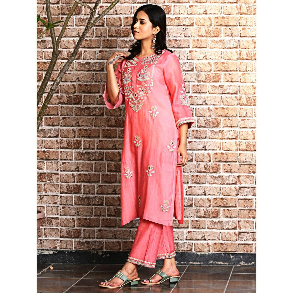Spring Soul Coral Embroidered Kurta and Pant with Dupatta (Set of 3)
