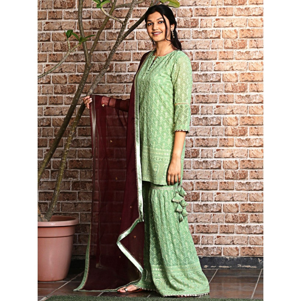 Spring Soul Green Embroidered Sharara with Kurta and Dupatta (Set of 3)