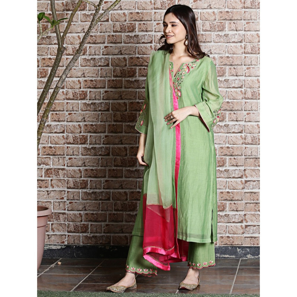 Spring Soul Green Chanderi Embroidered Kurta and Pant with Ombre Dupatta (Set of 3)