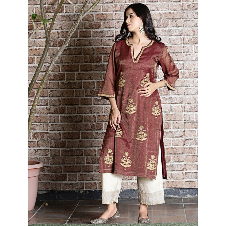 Spring Soul Brown Chanderi Embroidered Kurta and Pant (Set of 2)