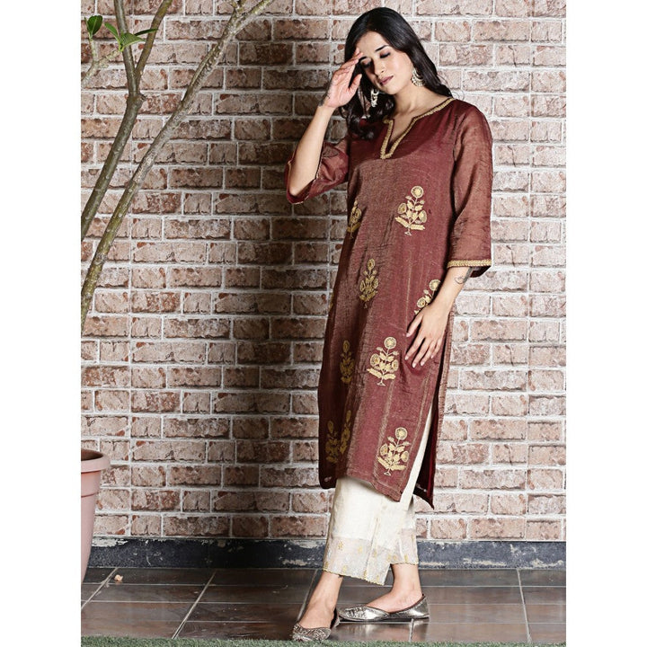 Spring Soul Brown Chanderi Embroidered Kurta and Pant (Set of 2)