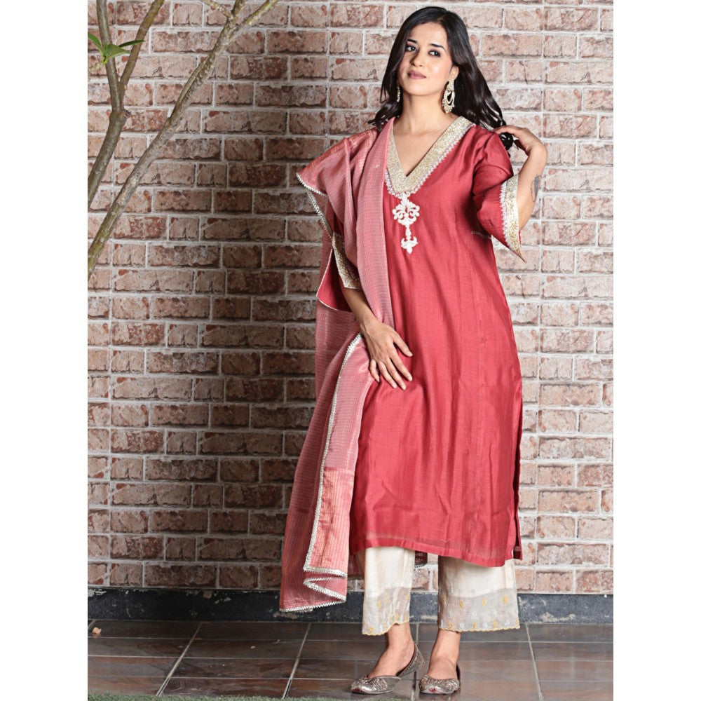 Spring Soul Brick Red Chanderi A-Line Embroidered Kurta and Pant with Dupatta (Set of 3)
