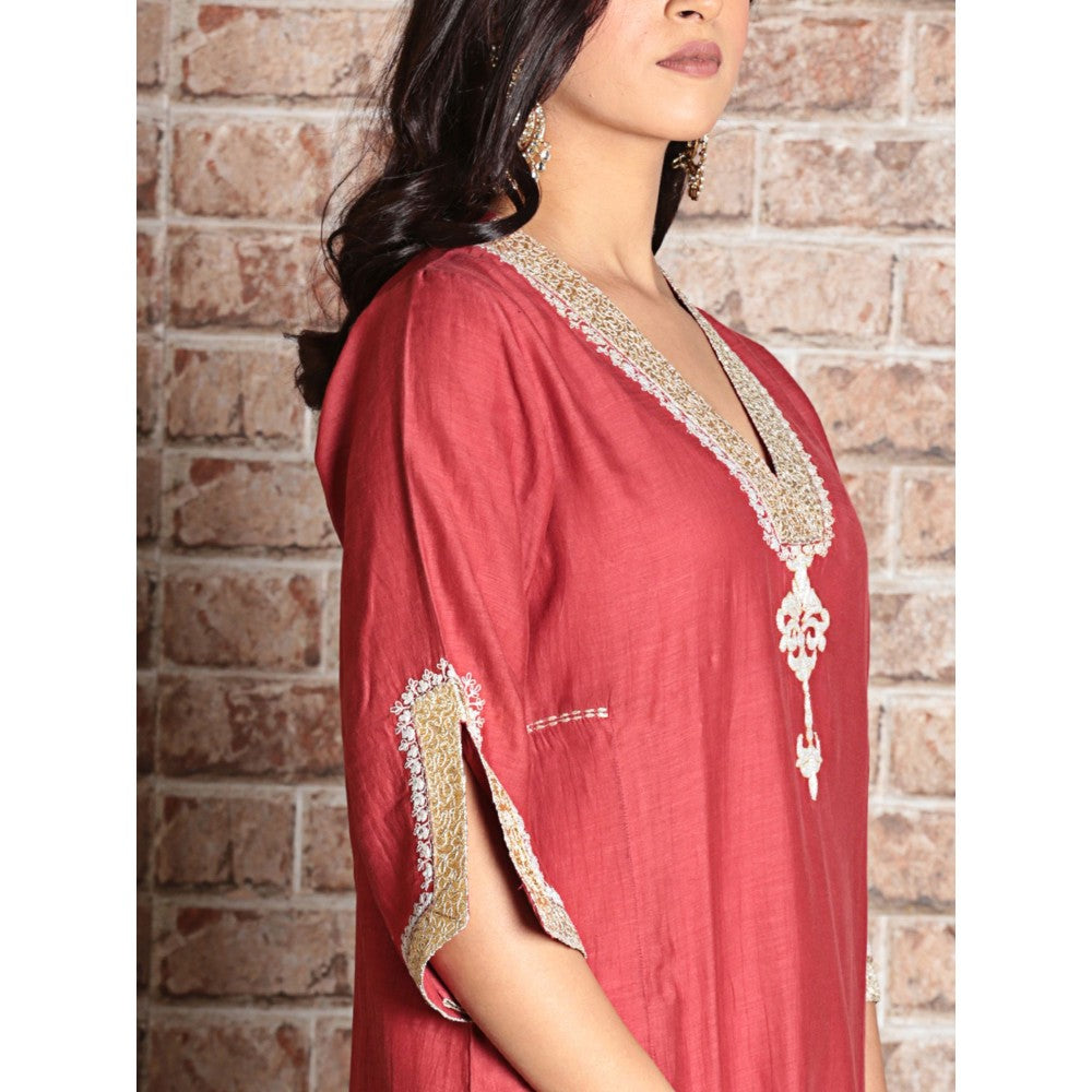 Spring Soul Brick Red Chanderi A-Line Embroidered Kurta and Pant with Dupatta (Set of 3)