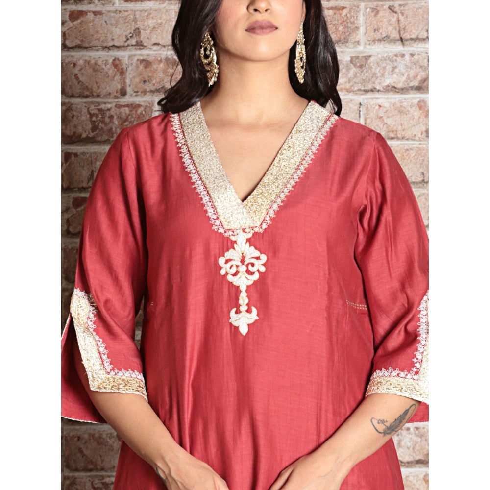 Spring Soul Brick Red Chanderi A-Line Embroidered Kurta and Pant with Dupatta (Set of 3)