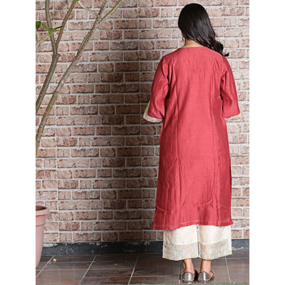 Spring Soul Brick Red Chanderi A-Line Embroidered Kurta and Pant with Dupatta (Set of 3)