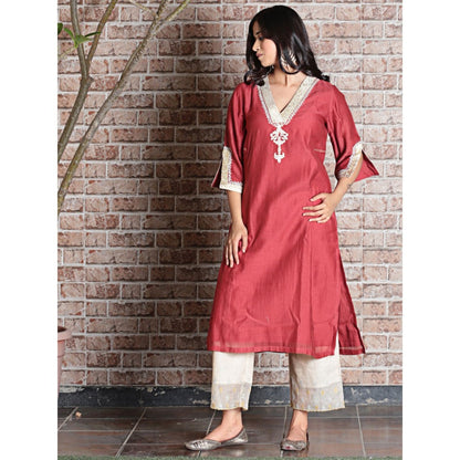 Spring Soul Brick Red Chanderi A-Line Embroidered Kurta and Pant with Dupatta (Set of 3)