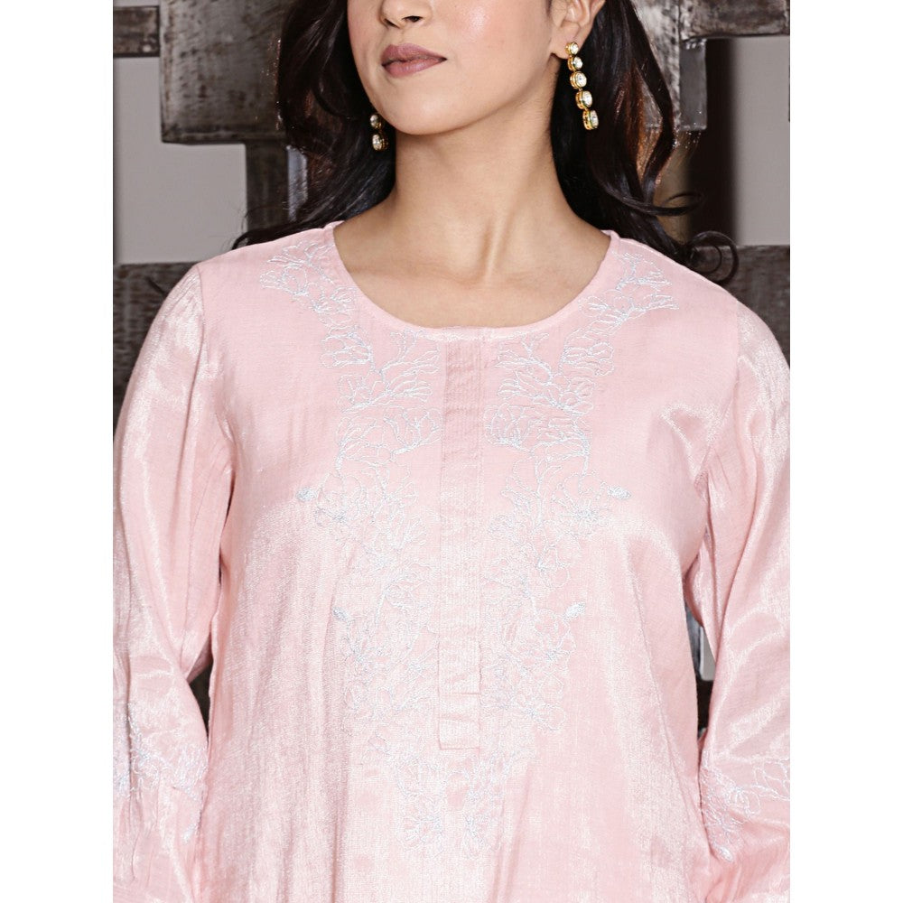Spring Soul Pink Chanderi Kurta with Zari Detailing Pant (Set of 2)