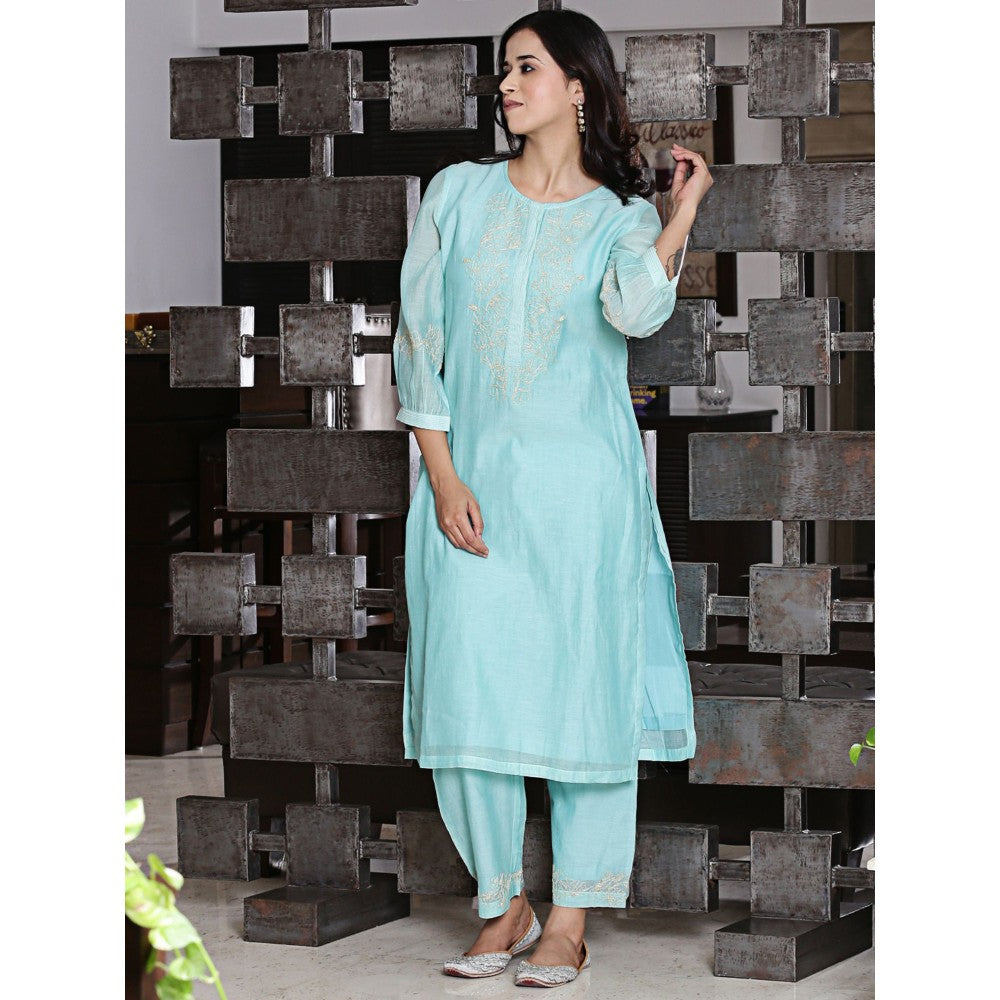 Spring Soul Aqua Blue Chanderi Kurta with Zari Detailing Pant (Set of 2)