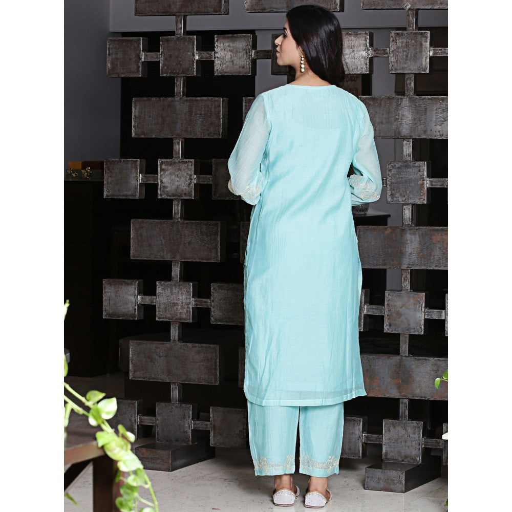 Spring Soul Aqua Blue Chanderi Kurta with Zari Detailing Pant (Set of 2)