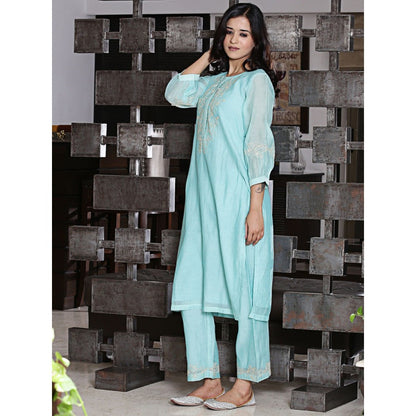 Spring Soul Aqua Blue Chanderi Kurta with Zari Detailing Pant (Set of 2)