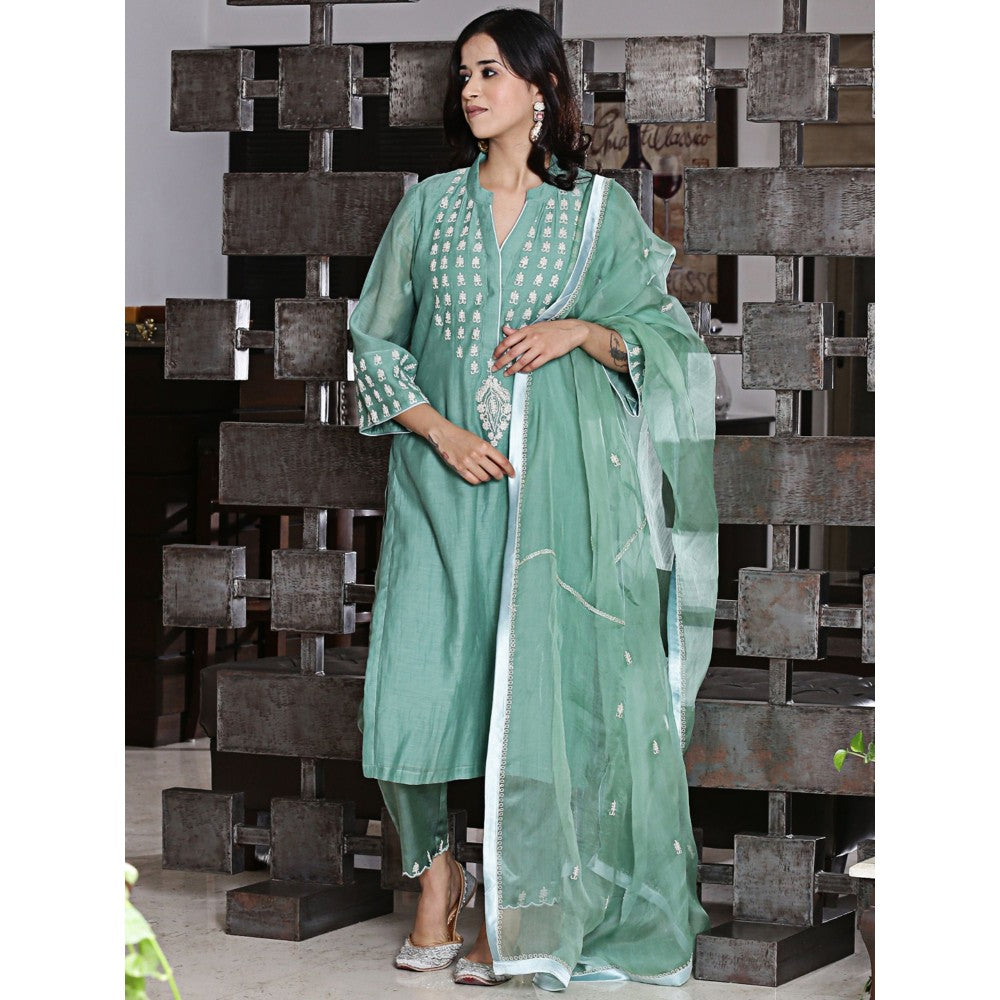 Spring Soul Jade Chanderi A-Line Embroidered Kurta and Pant with Dupatta (Set of 3)