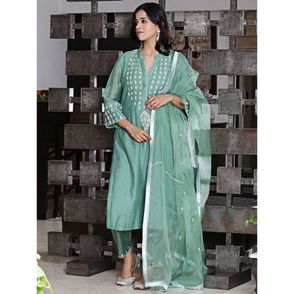 Spring Soul Jade Chanderi A-Line Embroidered Kurta and Pant with Dupatta (Set of 3)