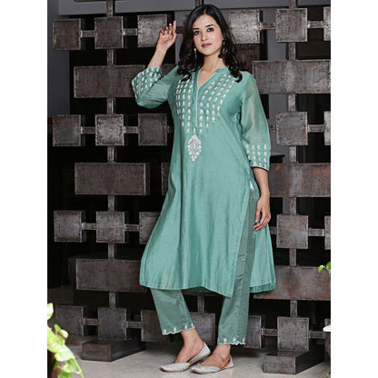 Spring Soul Jade Chanderi A-Line Embroidered Kurta and Pant with Dupatta (Set of 3)