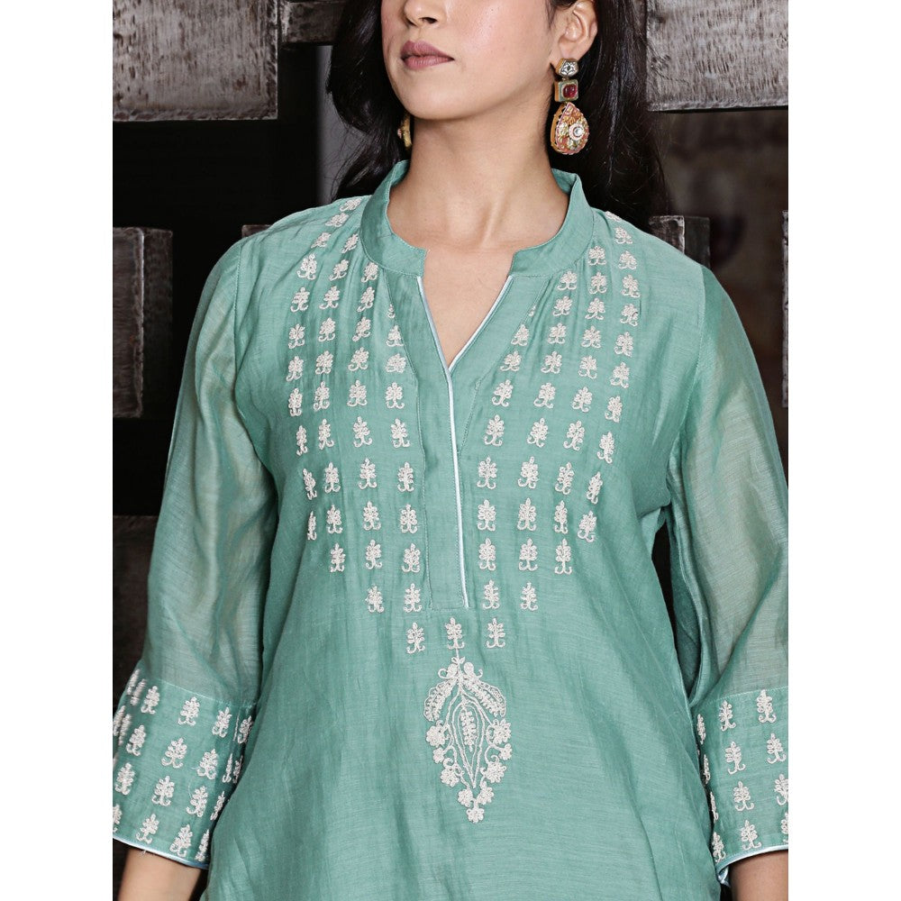 Spring Soul Jade Chanderi A-Line Embroidered Kurta and Pant with Dupatta (Set of 3)