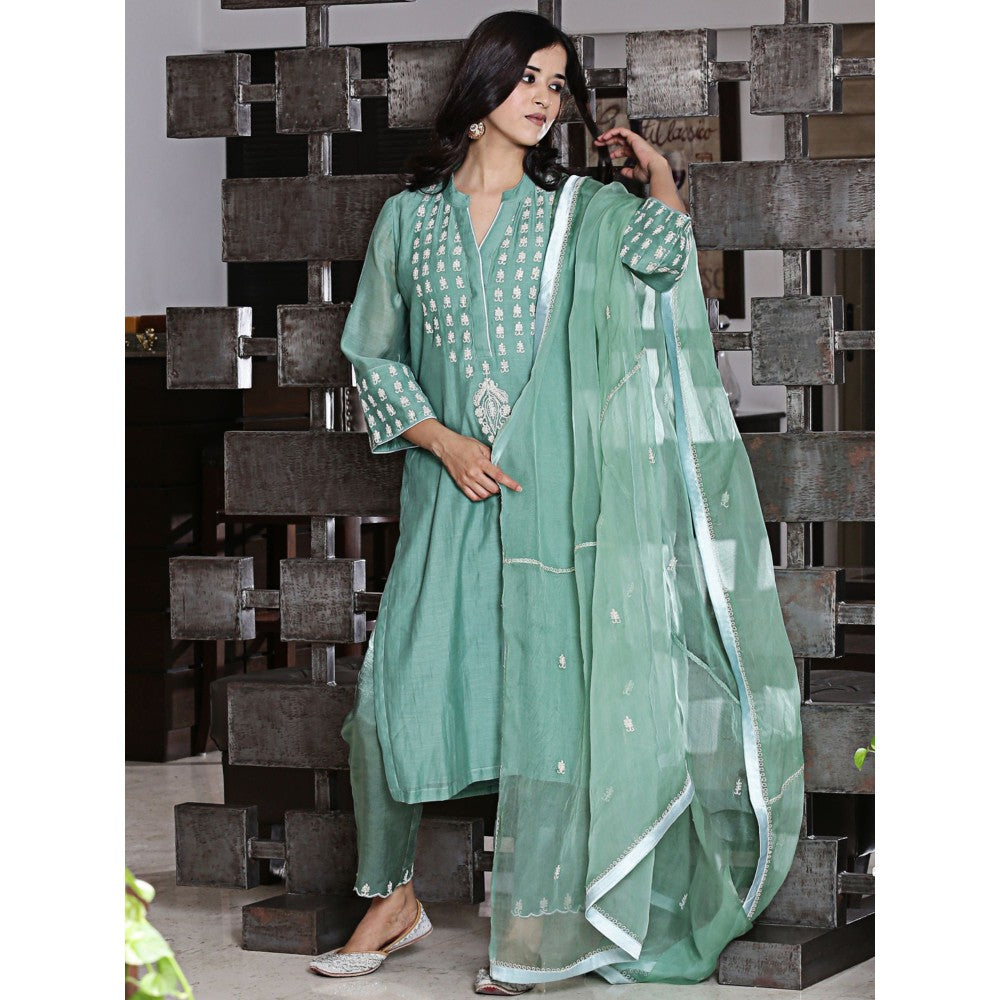 Spring Soul Jade Chanderi A-Line Embroidered Kurta and Pant with Dupatta (Set of 3)