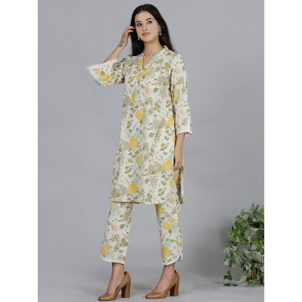 Spring Soul Yellow Floral Printed Cotton Flax Co-Ord (Set of 2)