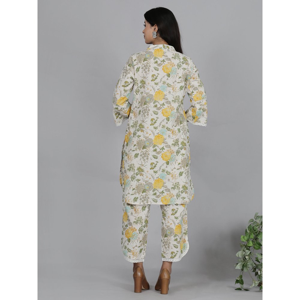 Spring Soul Yellow Floral Printed Cotton Flax Co-Ord (Set of 2)