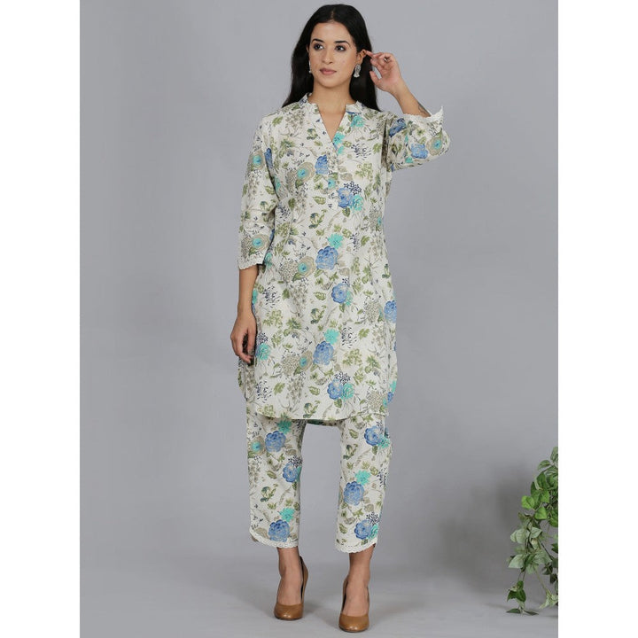 Spring Soul Blue Floral Printed Cotton Flax Co-Ord (Set of 2)