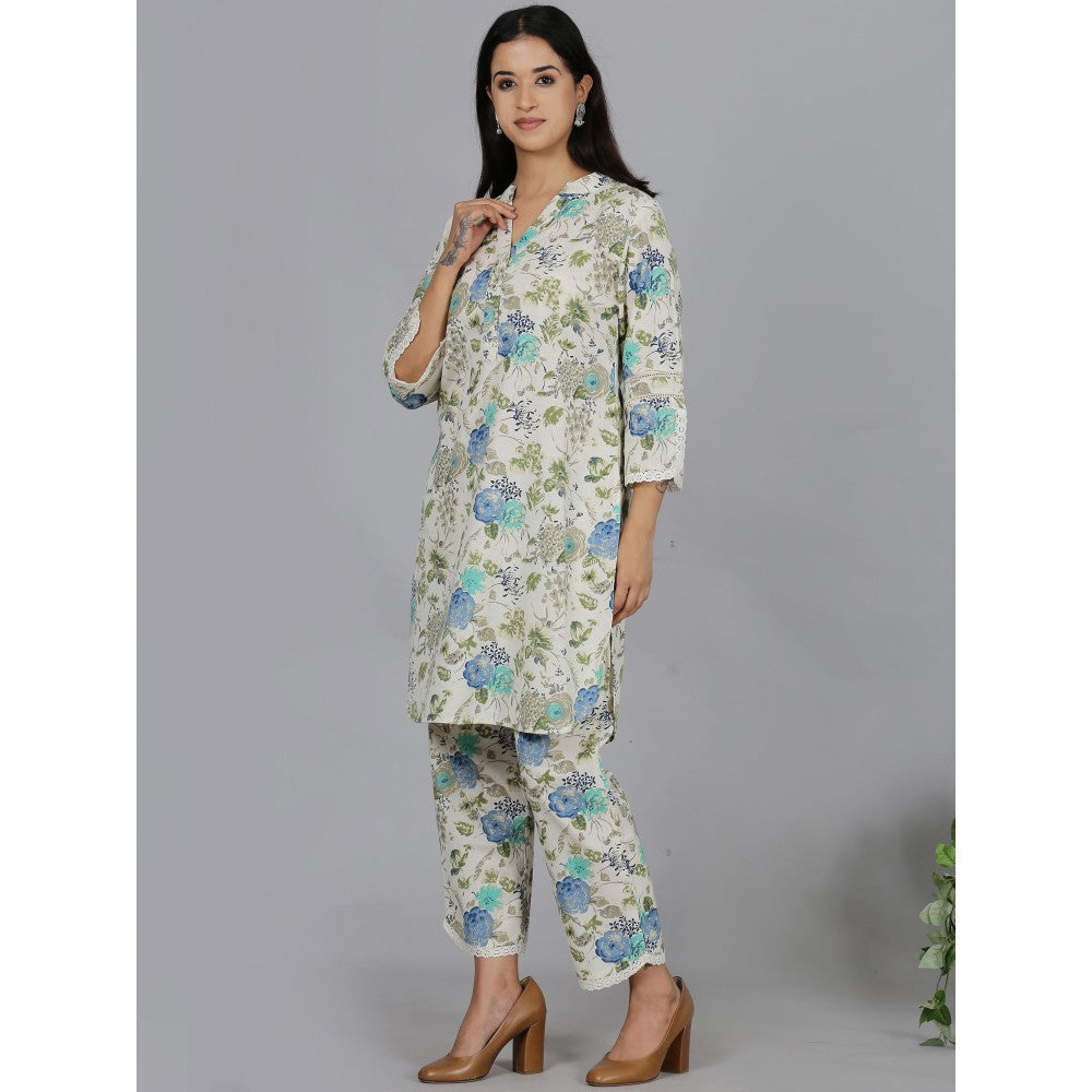 Spring Soul Blue Floral Printed Cotton Flax Co-Ord (Set of 2)