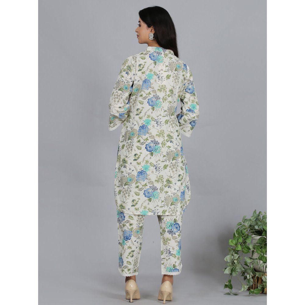 Spring Soul Blue Floral Printed Cotton Flax Co-Ord (Set of 2)