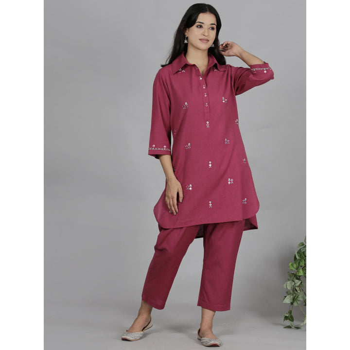 Spring Soul Burgundy Coloured Cotton Flax Kurta with Pant (Set of 2)