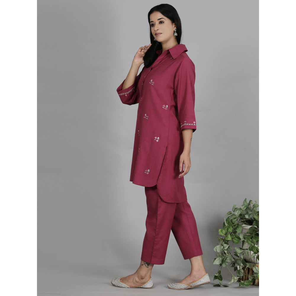 Spring Soul Burgundy Coloured Cotton Flax Kurta with Pant (Set of 2)