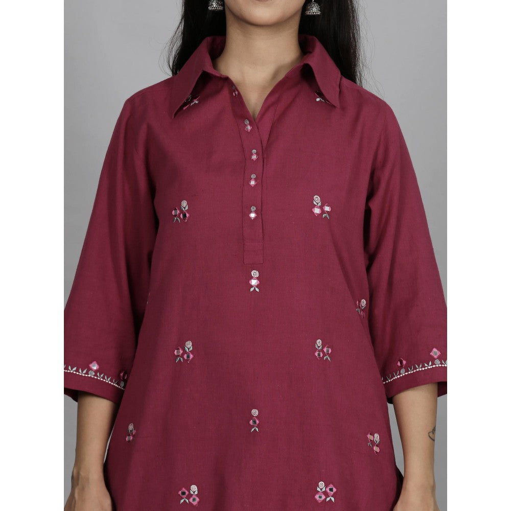 Spring Soul Burgundy Coloured Cotton Flax Kurta with Pant (Set of 2)