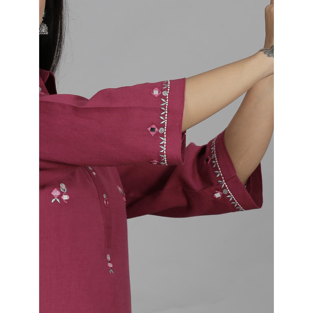 Spring Soul Burgundy Coloured Cotton Flax Kurta with Pant (Set of 2)