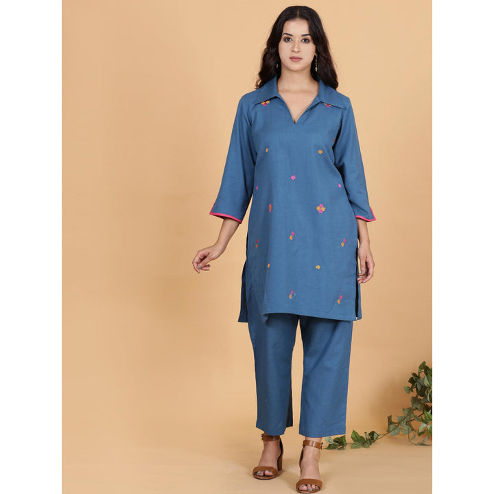 Spring Soul Blue Coloured Cotton Flax Kurta with Pant (Set of 2)