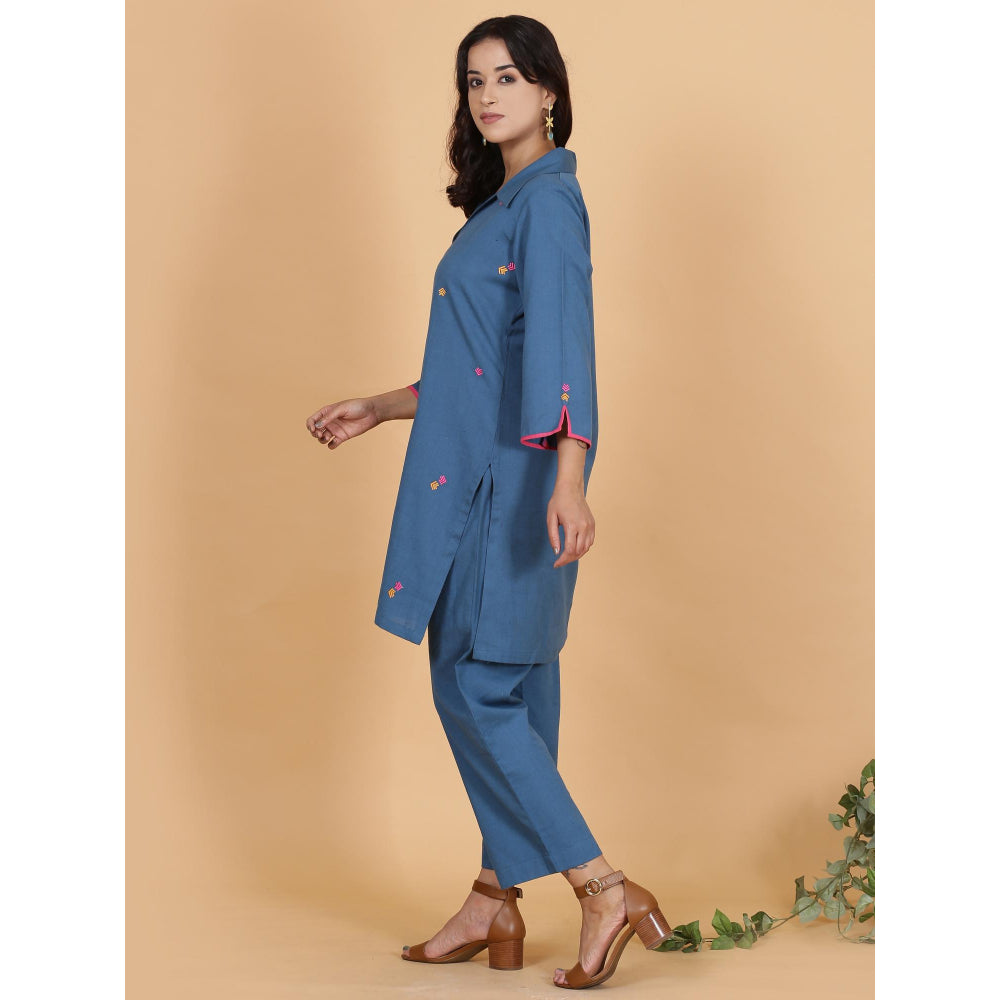 Spring Soul Blue Coloured Cotton Flax Kurta with Pant (Set of 2)