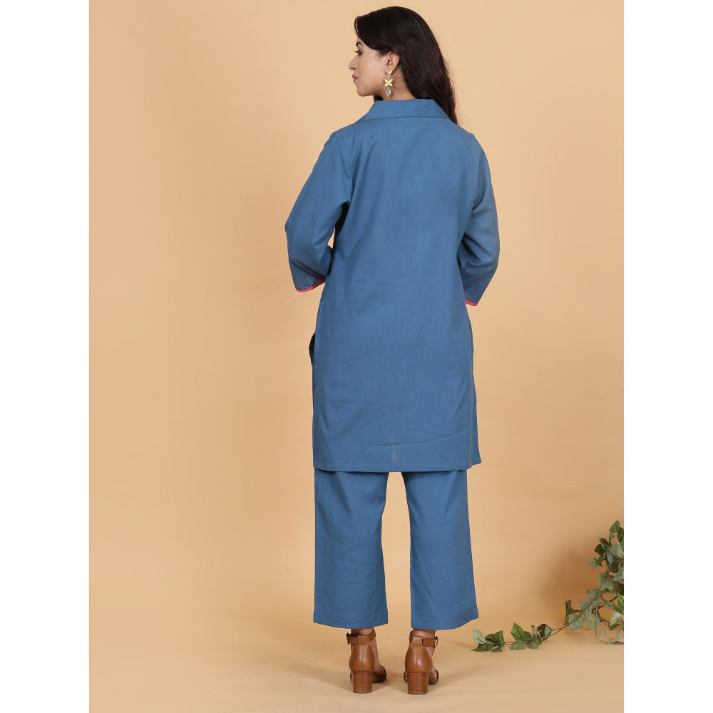 Spring Soul Blue Coloured Cotton Flax Kurta with Pant (Set of 2)