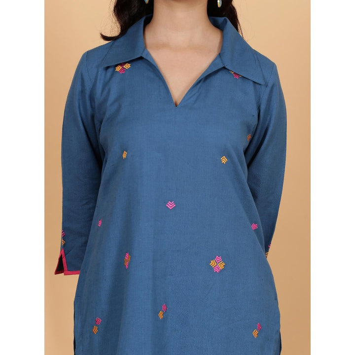 Spring Soul Blue Coloured Cotton Flax Kurta with Pant (Set of 2)