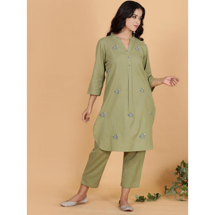 Spring Soul Olive Green Cotton Flax Kurta with Pant (Set of 2)