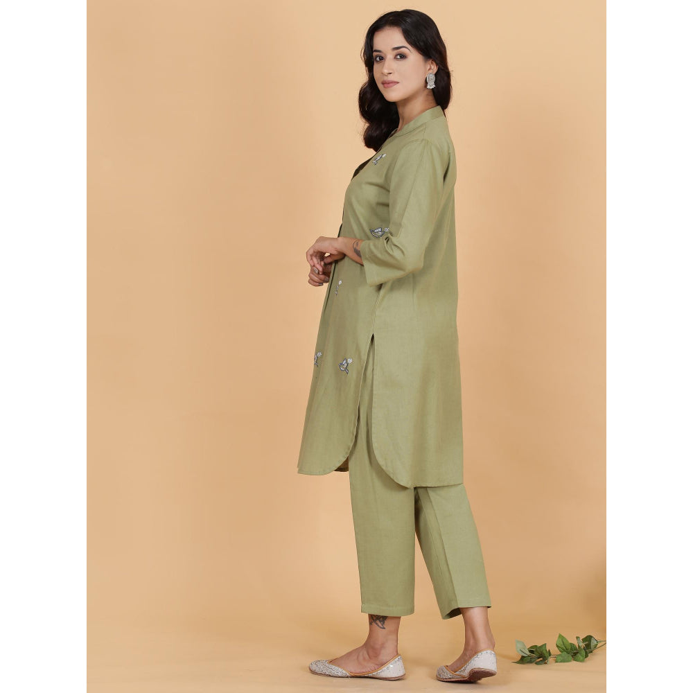 Spring Soul Olive Green Cotton Flax Kurta with Pant (Set of 2)