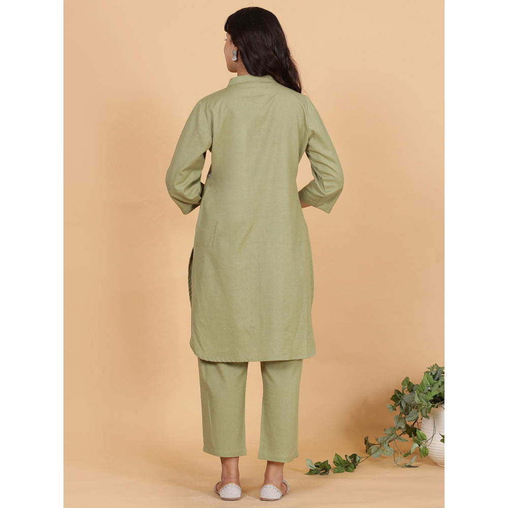 Spring Soul Olive Green Cotton Flax Kurta with Pant (Set of 2)