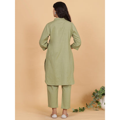 Spring Soul Olive Green Cotton Flax Kurta with Pant (Set of 2)