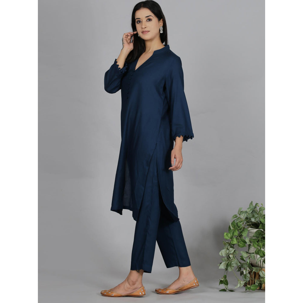 Spring Soul Navy Blue Solid Viscose Kurta with Pant (Set of 2)