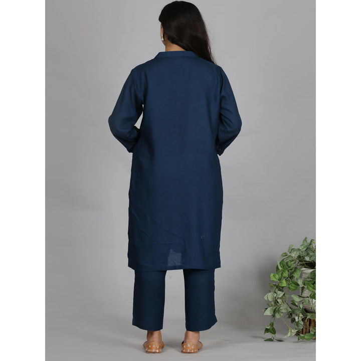 Spring Soul Navy Blue Solid Viscose Kurta with Pant (Set of 2)