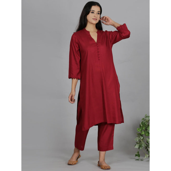 Spring Soul Red Solid Viscose Kurta with Pant (Set of 2)