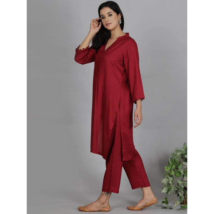 Spring Soul Red Solid Viscose Kurta with Pant (Set of 2)